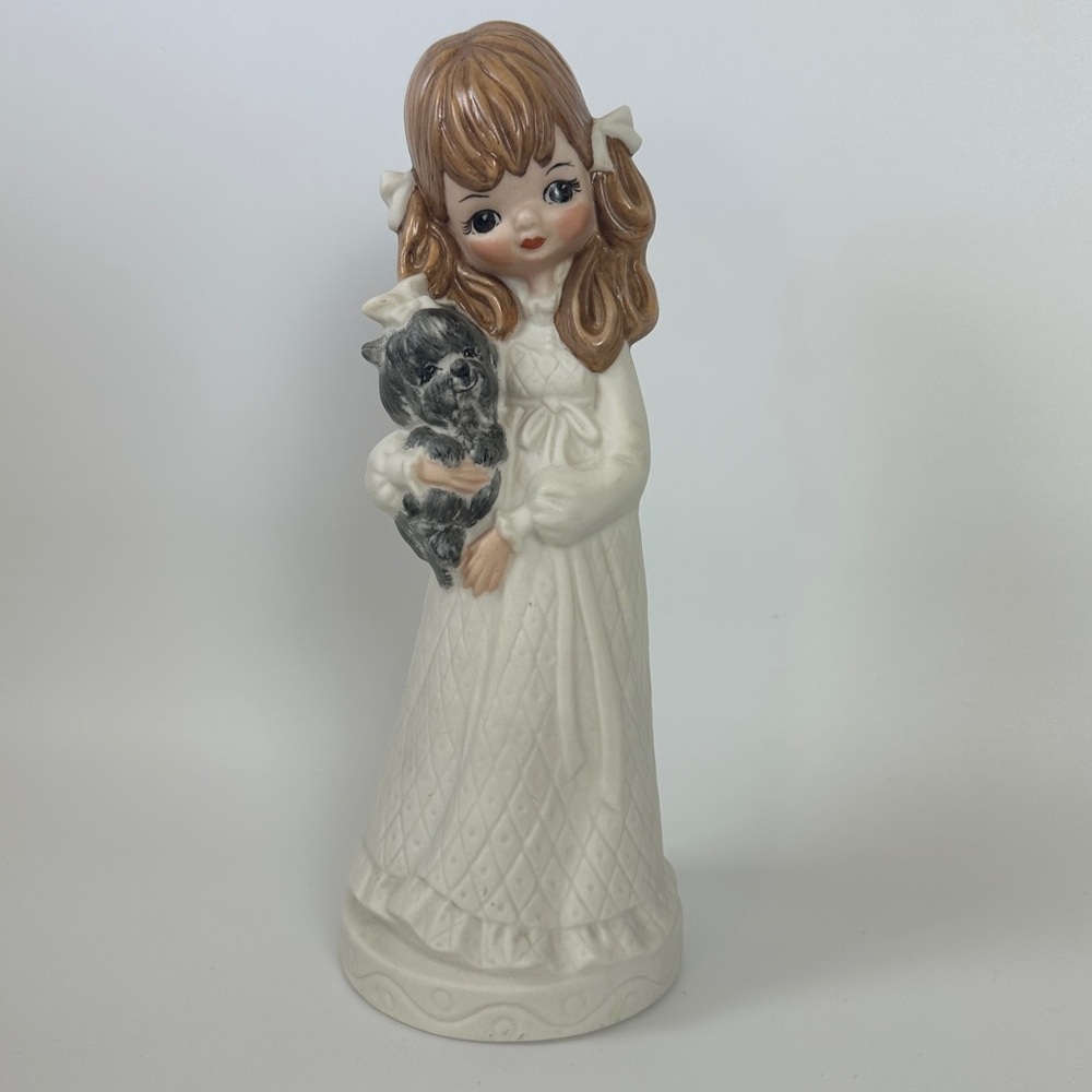 VTG Beautiful Ceramic Decor Girl and Dog Yorkie Scottie Neutral 60s 70s Big Eyes